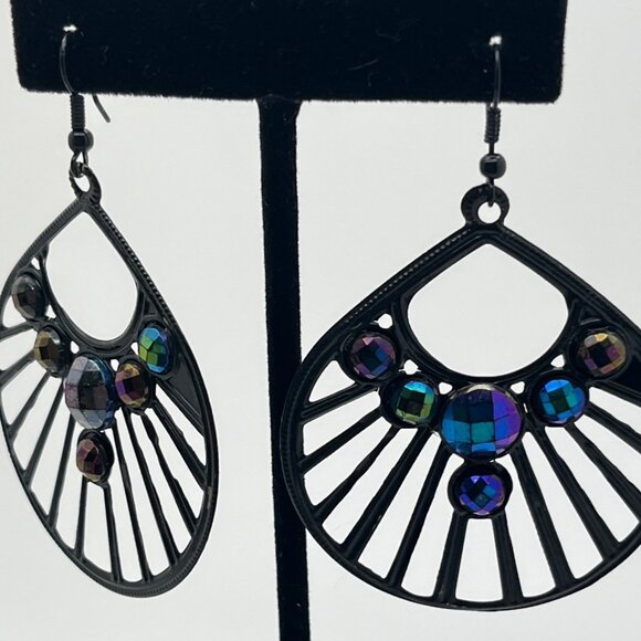 Black Fan-Shaped Dangle Earrings with Iridescent Rhinestone Accents - Picture 5 of 6